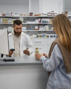 Farmacêutico auxilia uma mulher na compra de produtos à base de Cannabis em uma farmácia especializada.