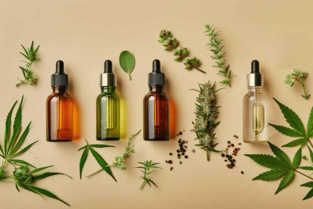 Imagem de alguns frascos de medicamentos à base de cannabis medicinal. Ao redor deles, diferentes ramos de plantas.