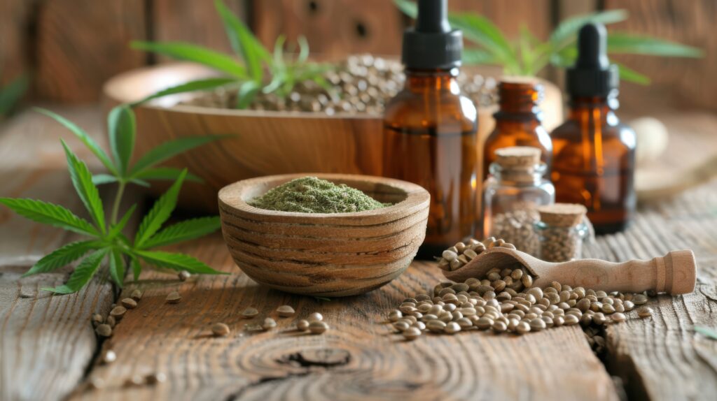 Sobre uma mesa, vemos diferentes formulações da cannabis medicinal, incluindo a formulação completa, associada ao efeito entourage.